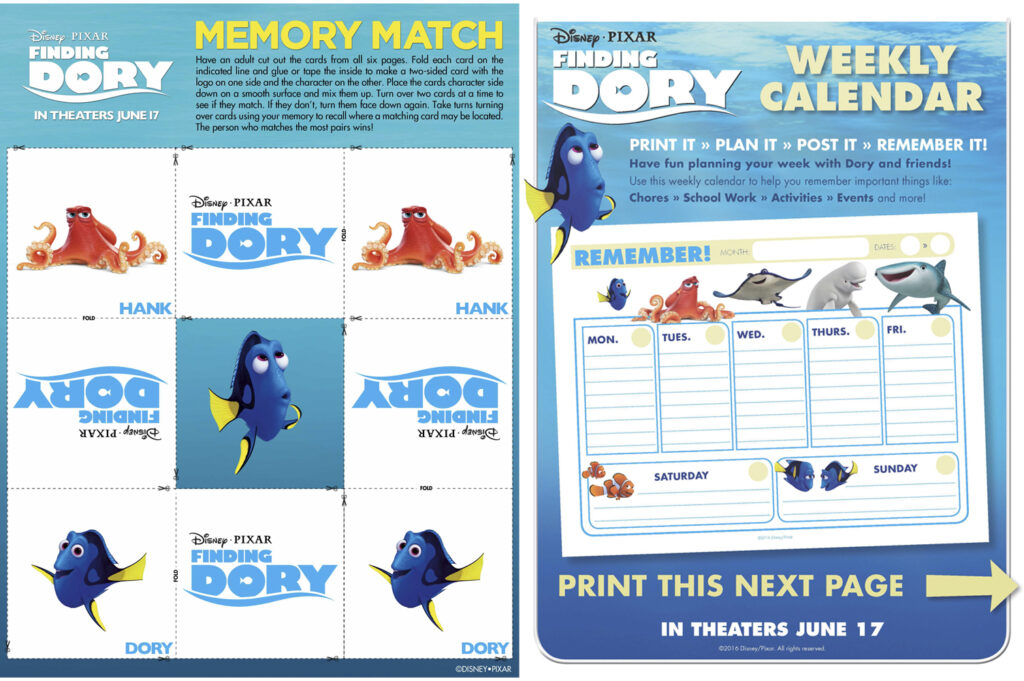 Finding Dory Memory Game, Calendar, and Character Mobile