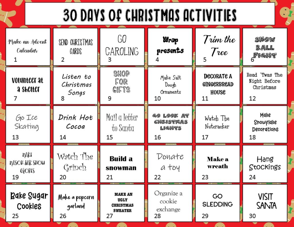 30 Days of Christmas Activities - Christmas Bucket List Ideas 