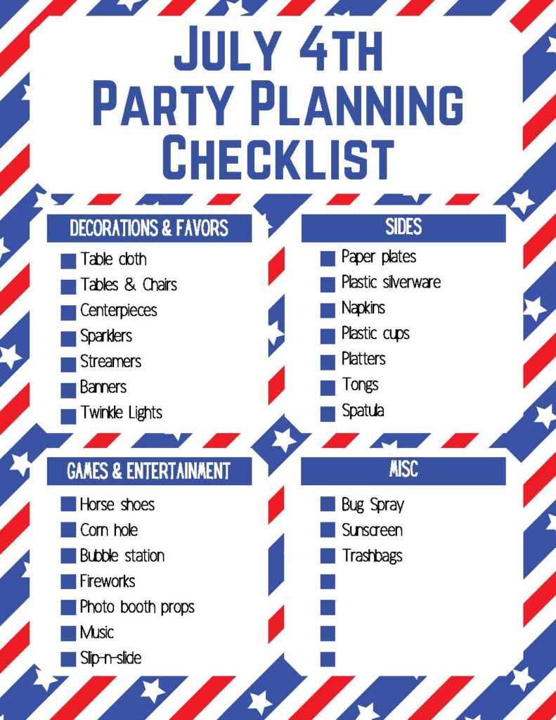 Free Printable July 4th Party Planning Checklist