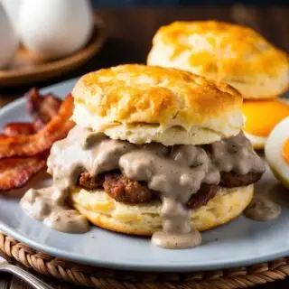Flakey Biscuit covered in Sausage Gravy Southern Breakfast
