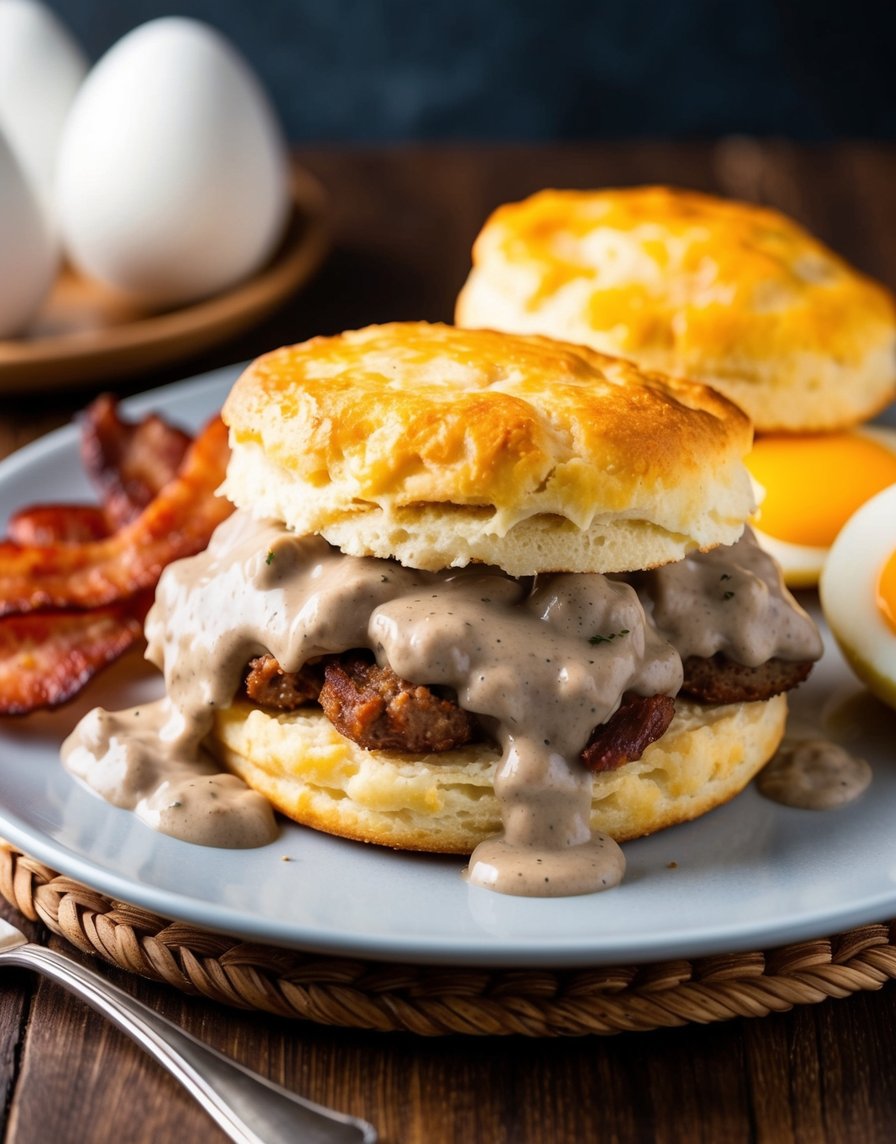 Flakey Biscuit covered in Sausage Gravy Southern Breakfast